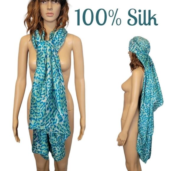 100% Silk Scarf Wrap Blue Leopard Animal Print - Picture 1 of 11